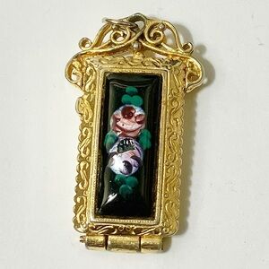 Goldette watch fob pendant with glass rosettes. Signed Goldette. small chip